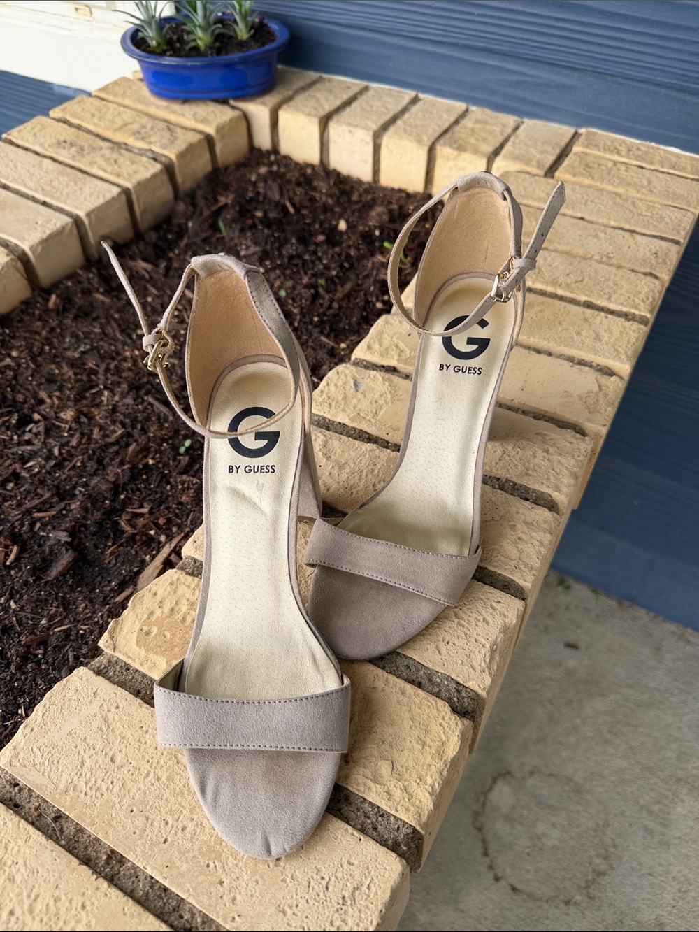 G by Guess Taupe Open-Toe Faux Suede Ankle-Strap Heels